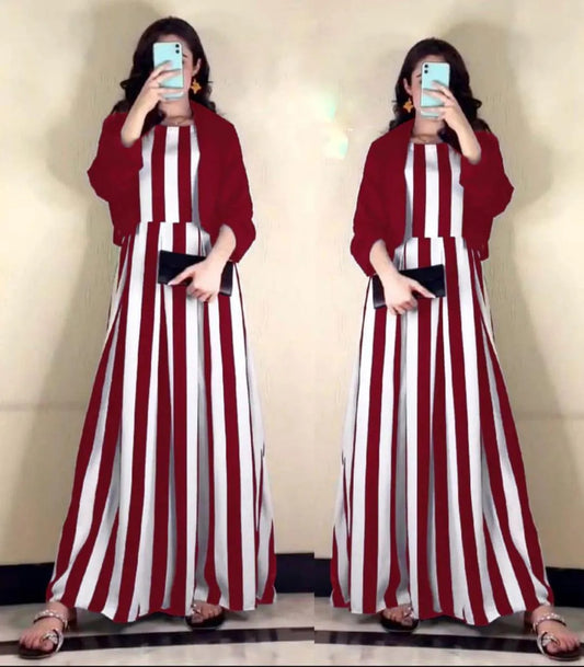 Maroon Striped Silk Maxi Dress With Jacket Set