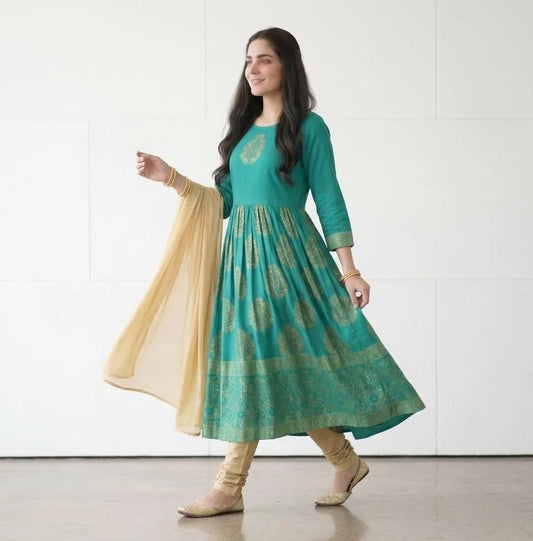 Green Block Printed Arabic Lawn Maxi Set for Women