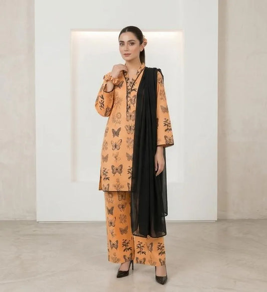 Peach Printed Linen 3Pcs Set with Chiffon Dupatta