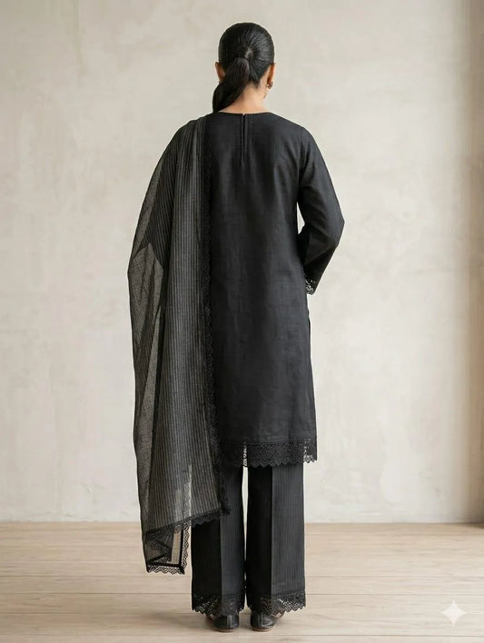 Black Embroidered 3-Piece Cotton Lawn Suit with Zari Dupatta