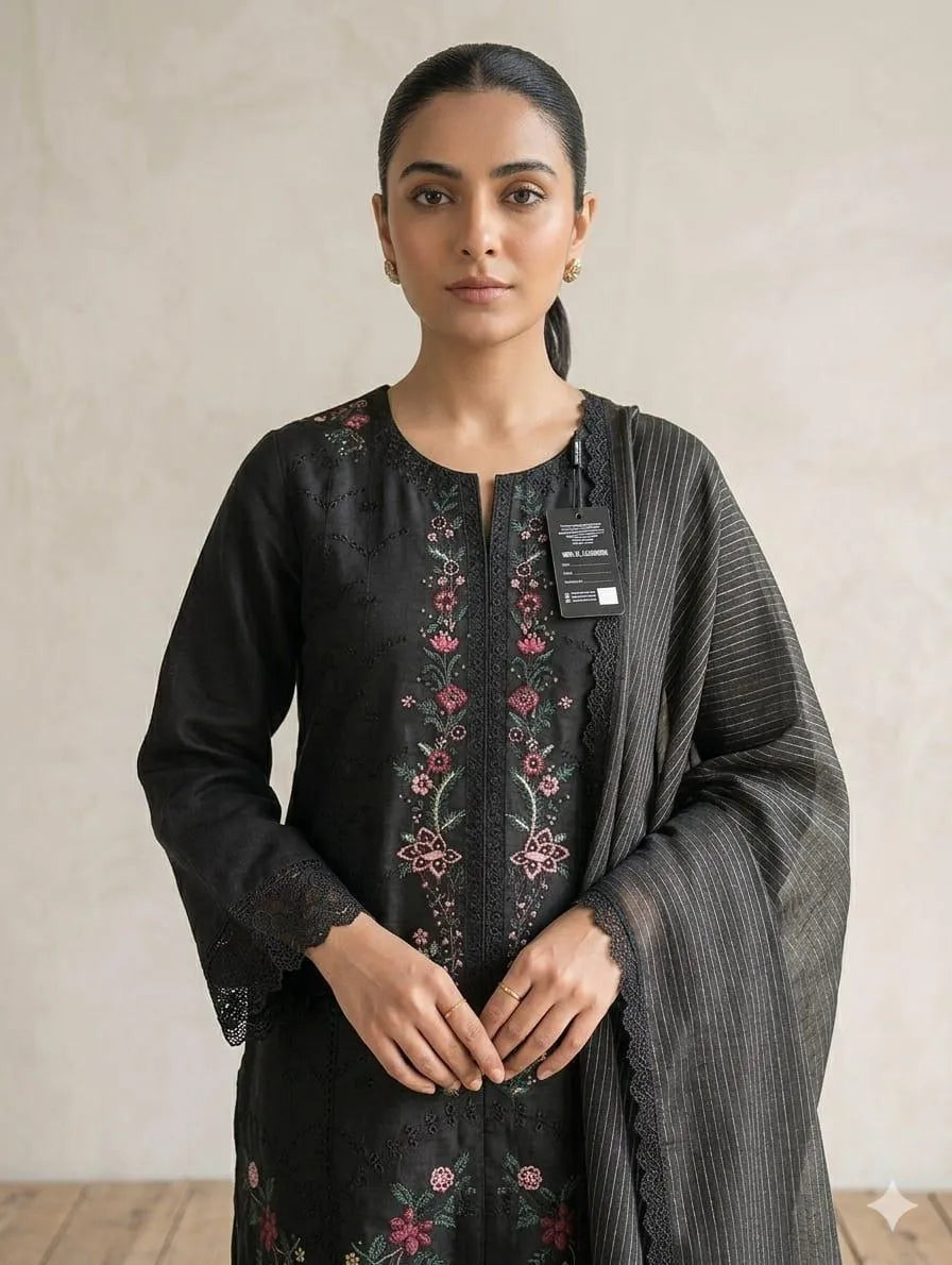 Black Embroidered 3-Piece Cotton Lawn Suit with Zari Dupatta