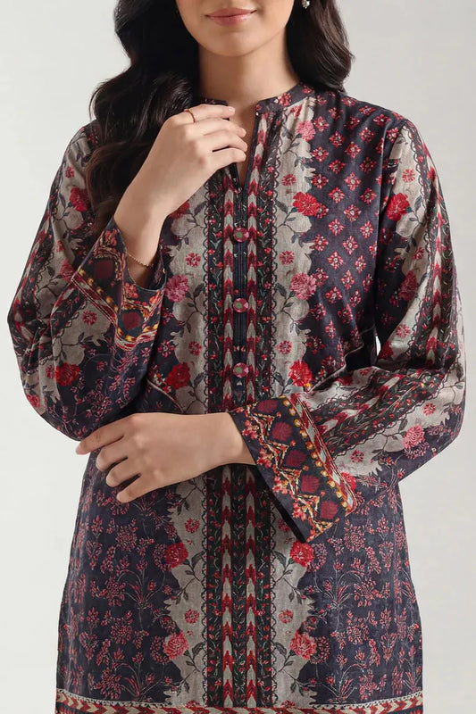 Lawn Printed Ban Collar Shirt & Trouser Set Black