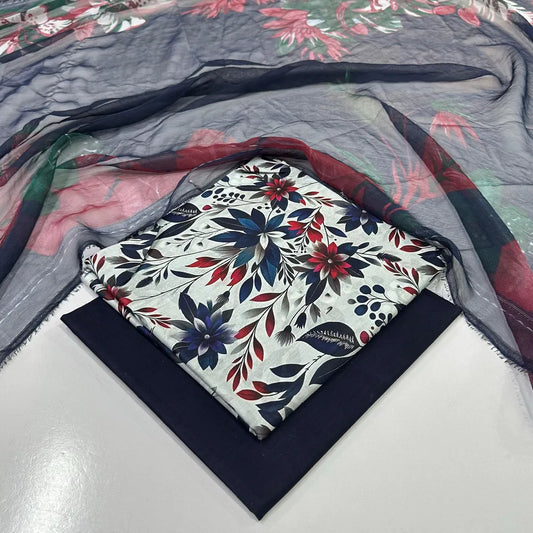 Women Printed Lawn 3Pcs Suit White Floral