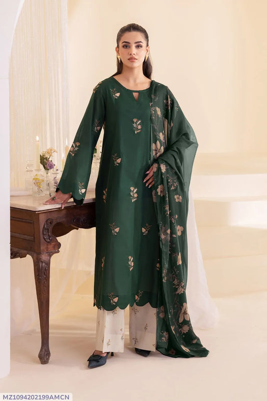 Green Embroidered Lawn 3Pcs Women Suit Set