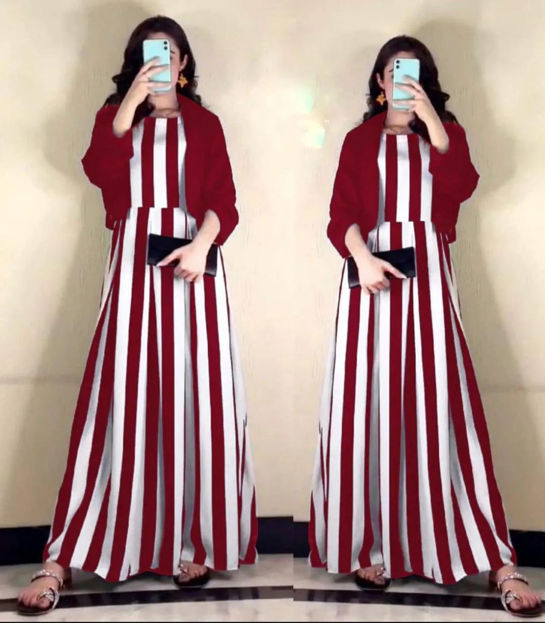 Maroon Striped Silk Maxi Dress With Jacket Set