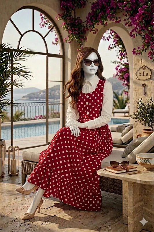 Women's Maroon Polka Dot Maxi Dress with White Inner Shirt