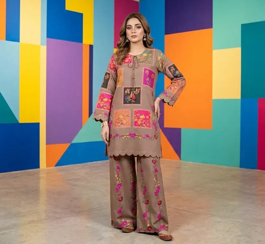 Pakistani Printed Embroidered Kurta Pajama Set Brown Floral