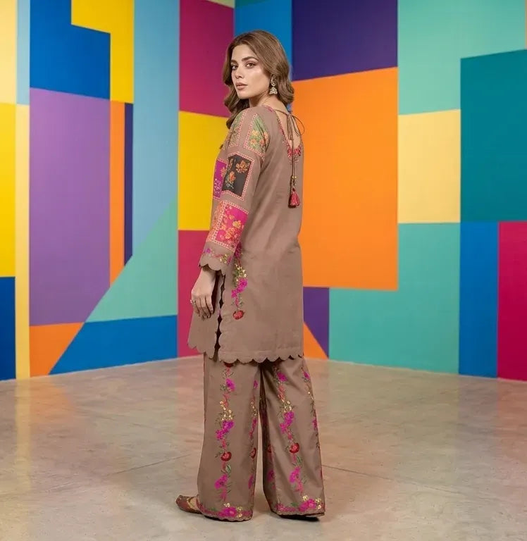 Pakistani Printed Embroidered Kurta Pajama Set Brown Floral