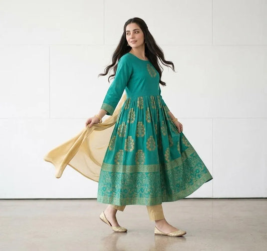 Green Block Printed Arabic Lawn Maxi Set for Women