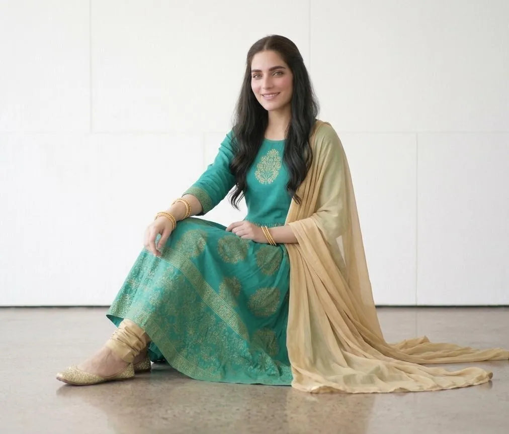 Green Block Printed Arabic Lawn Maxi Set for Women