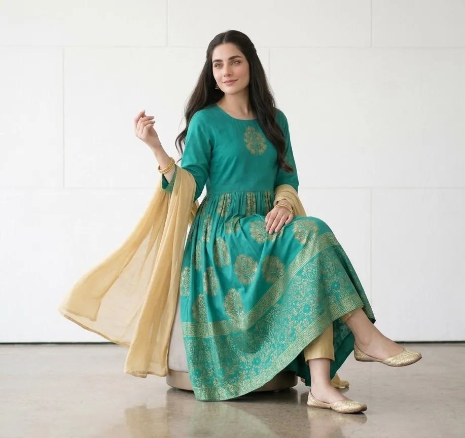 Green Block Printed Arabic Lawn Maxi Set for Women