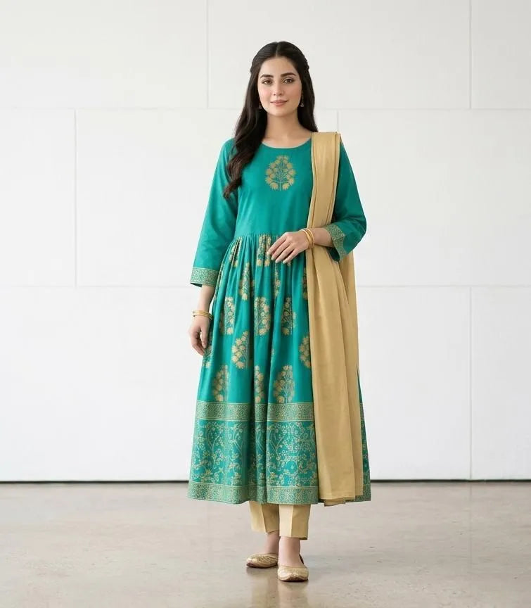 Green Block Printed Arabic Lawn Maxi Set for Women