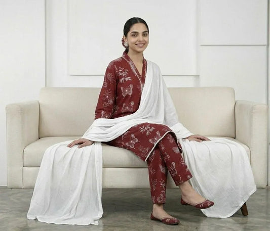 Maroon Printed Linen 3Pcs Set with Chiffon Dupatta