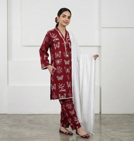 Maroon Printed Linen 3Pcs Set with Chiffon Dupatta