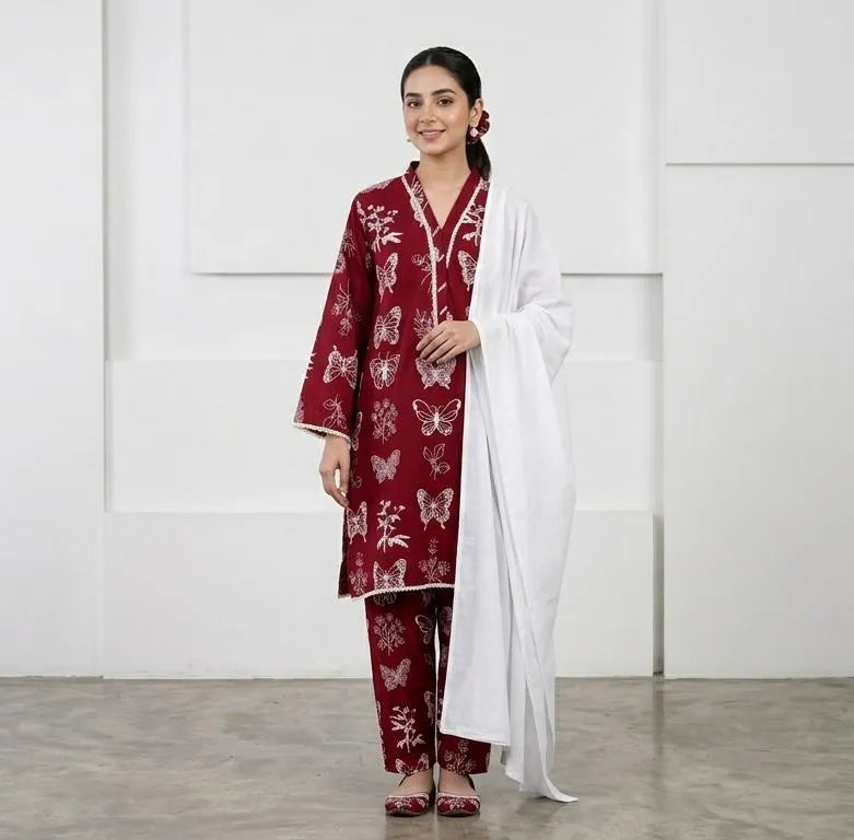Maroon Printed Linen 3Pcs Set with Chiffon Dupatta