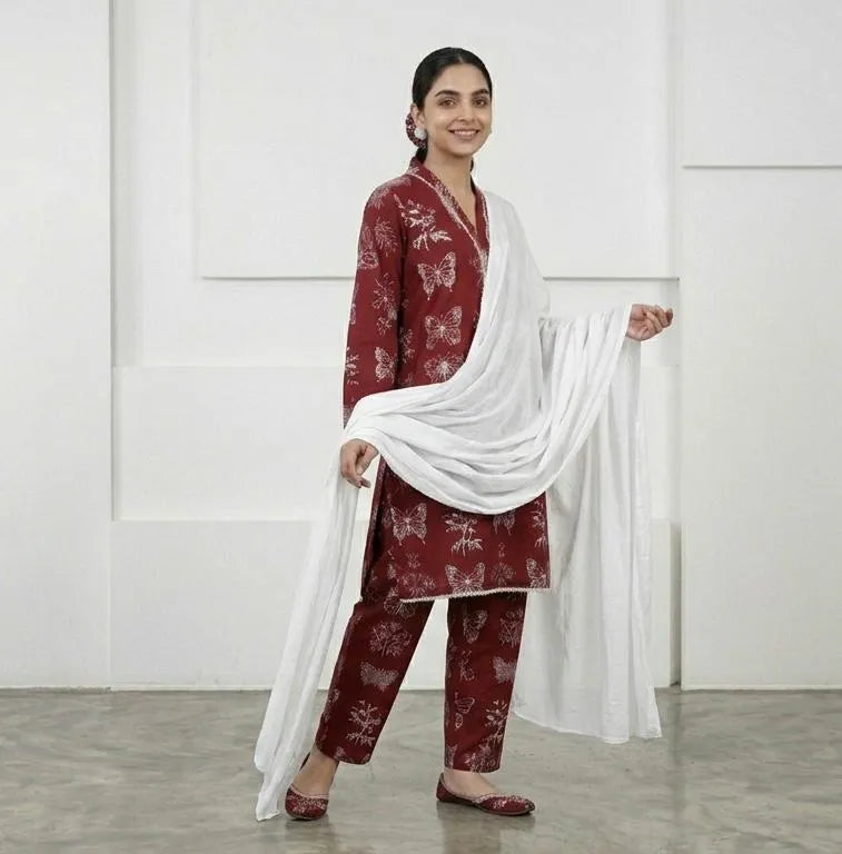 Maroon Printed Linen 3Pcs Set with Chiffon Dupatta