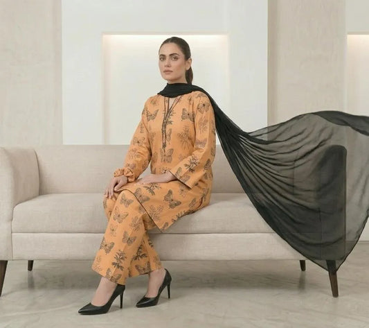 Peach Printed Linen 3Pcs Set with Chiffon Dupatta