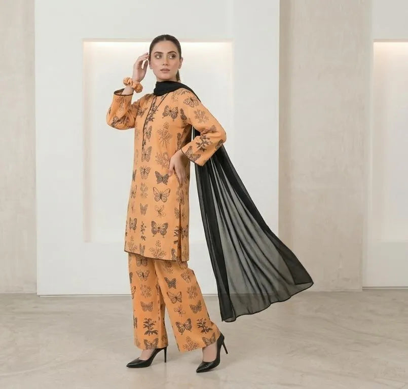 Peach Printed Linen 3Pcs Set with Chiffon Dupatta