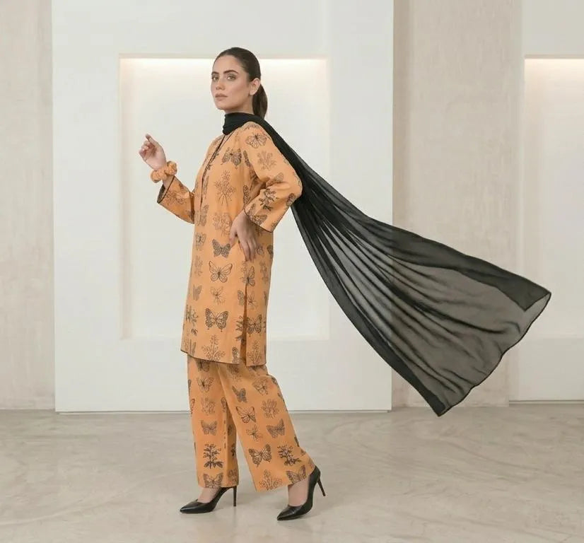 Peach Printed Linen 3Pcs Set with Chiffon Dupatta