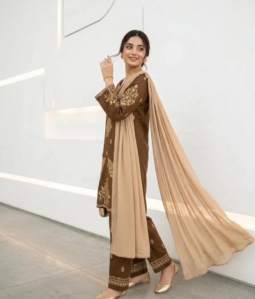Brown Embroidered 3-Piece Cotton Lawn Suit with Chiffon Dupatta