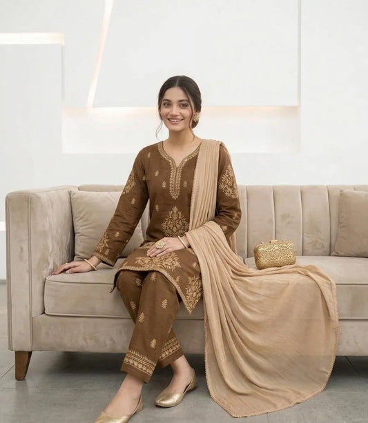 Brown Embroidered 3-Piece Cotton Lawn Suit with Chiffon Dupatta