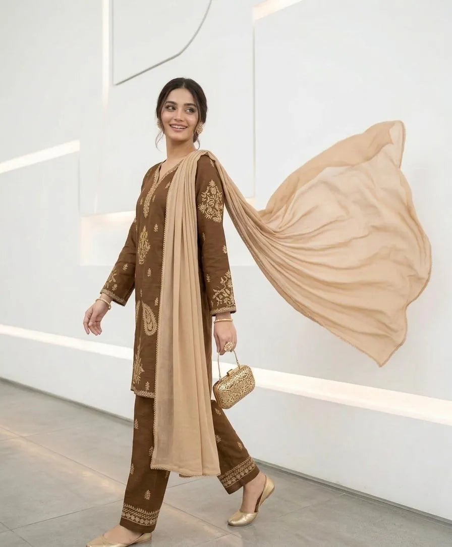 Brown Embroidered 3-Piece Cotton Lawn Suit with Chiffon Dupatta