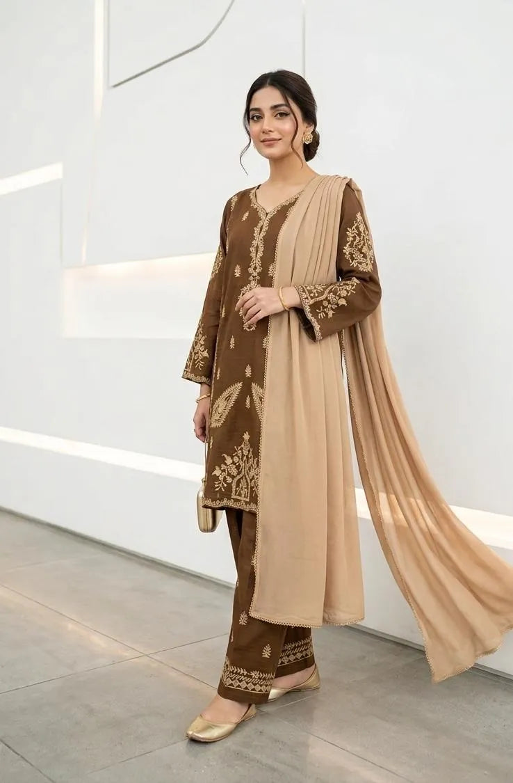 Brown Embroidered 3-Piece Cotton Lawn Suit with Chiffon Dupatta