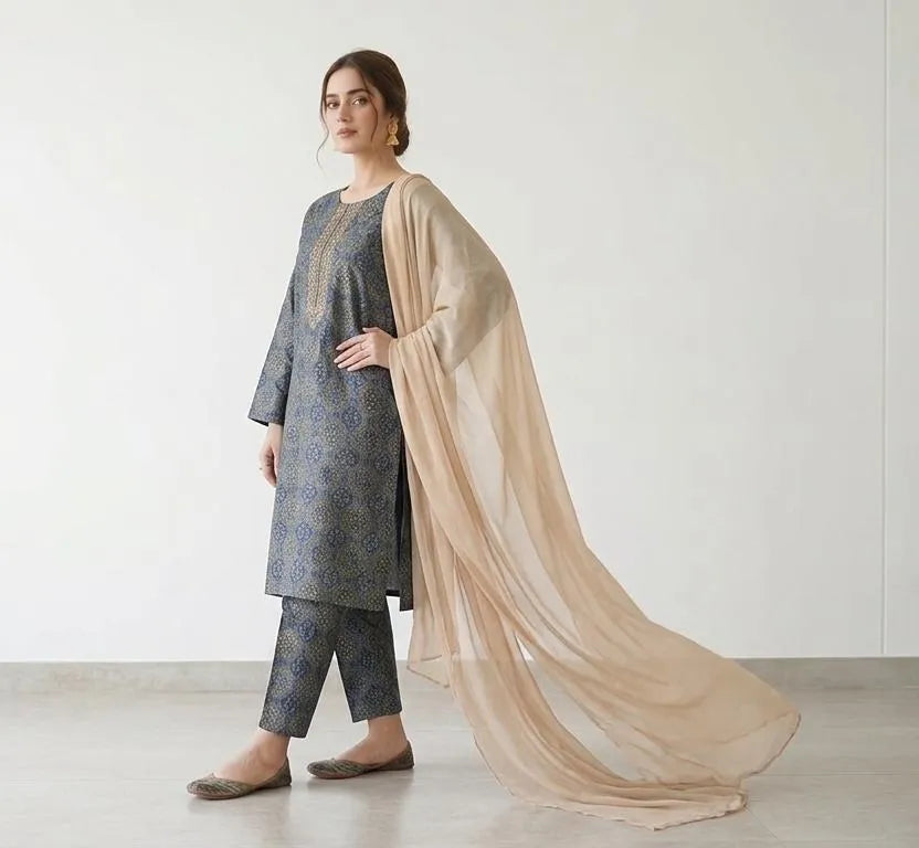 Turquoise Printed Linen 3-Piece Women Suit with Chiffon Dupatta