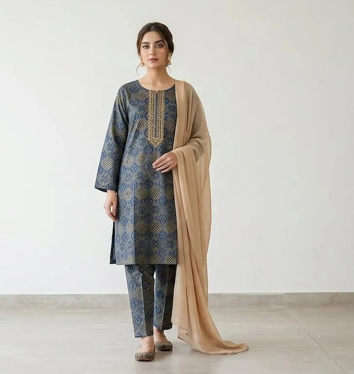 Turquoise Printed Linen 3-Piece Women Suit with Chiffon Dupatta