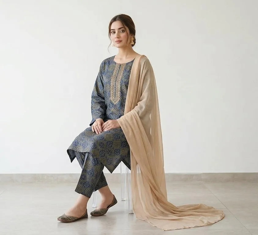 Turquoise Printed Linen 3-Piece Women Suit with Chiffon Dupatta