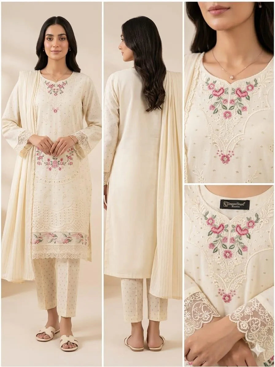 Pakistani Embroidered Cream Kurta Set with Chiffon Dupatta