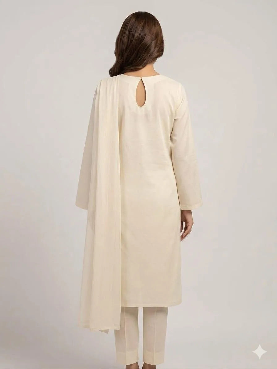 Pakistani Embroidered Cream Kurta Set with Chiffon Dupatta