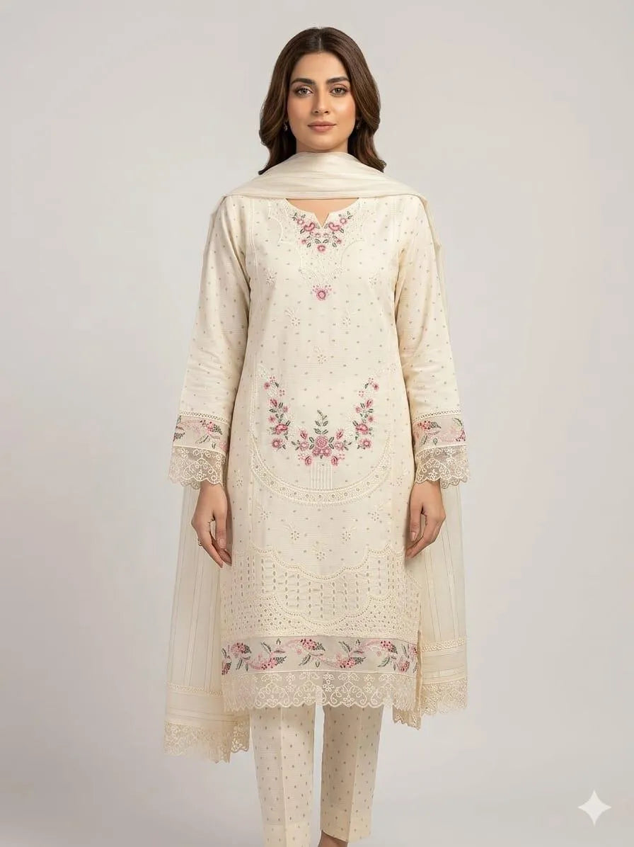 Pakistani Embroidered Cream Kurta Set with Chiffon Dupatta