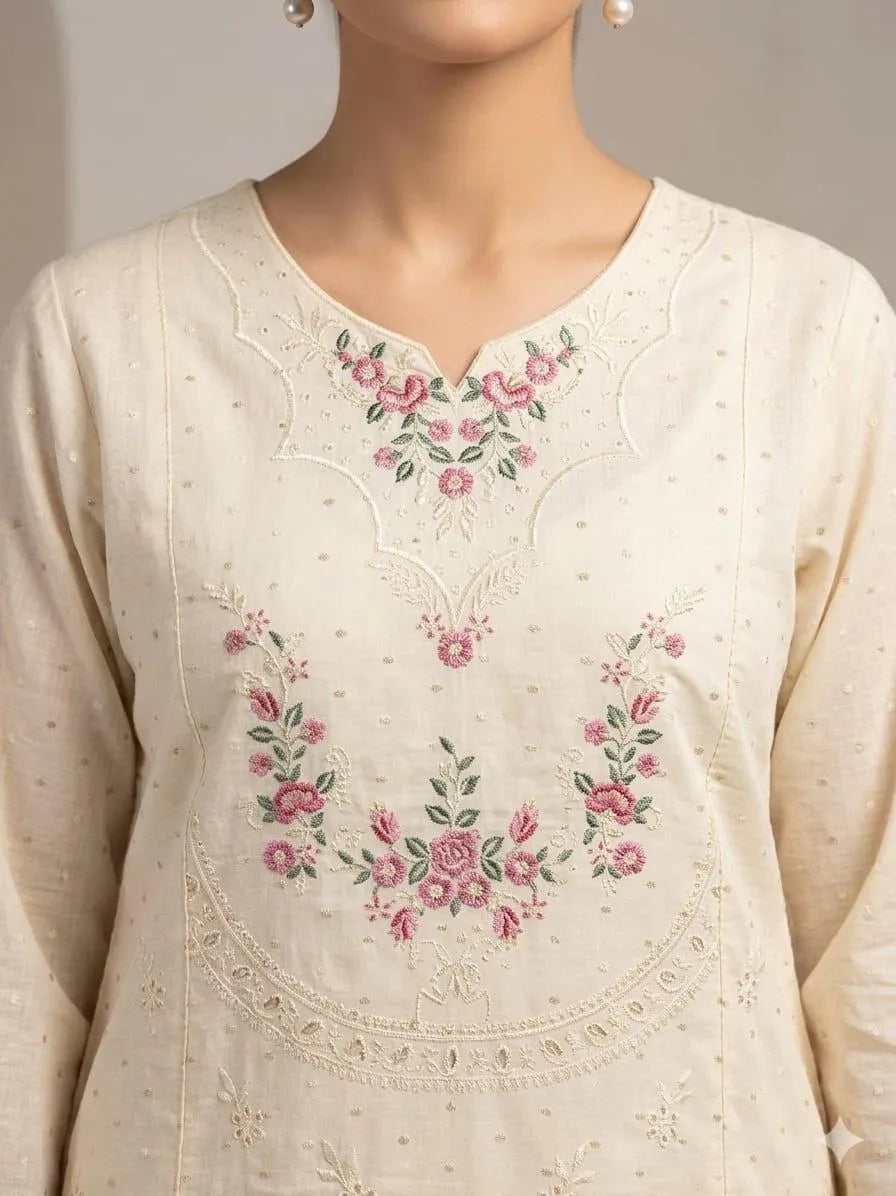 Pakistani Embroidered Cream Kurta Set with Chiffon Dupatta