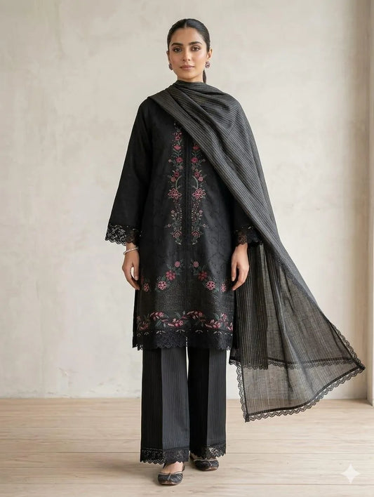 Black Embroidered 3-Piece Cotton Lawn Suit with Zari Dupatta