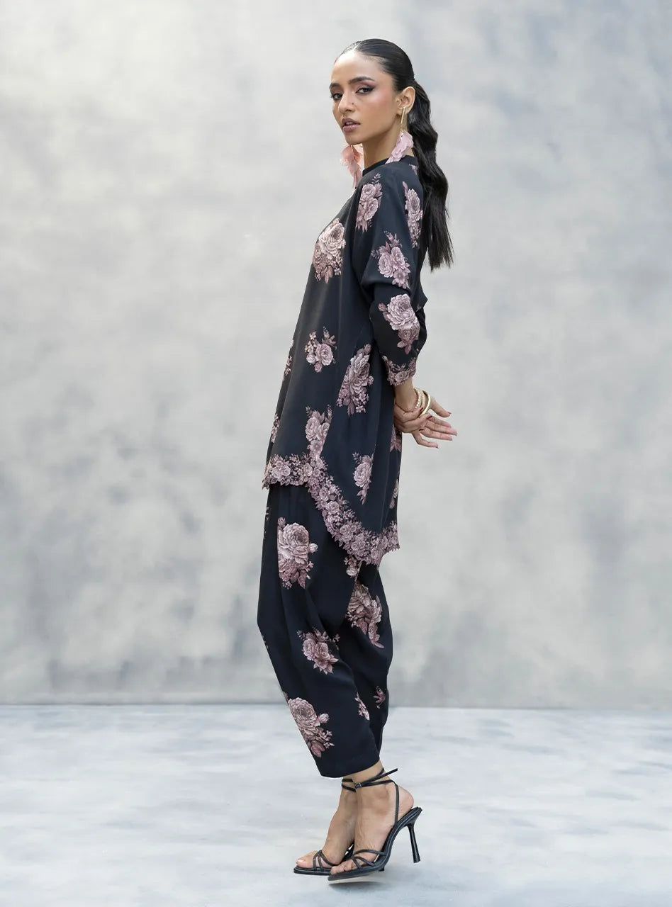 Black Floral Lawn Kurta Set with Trouser