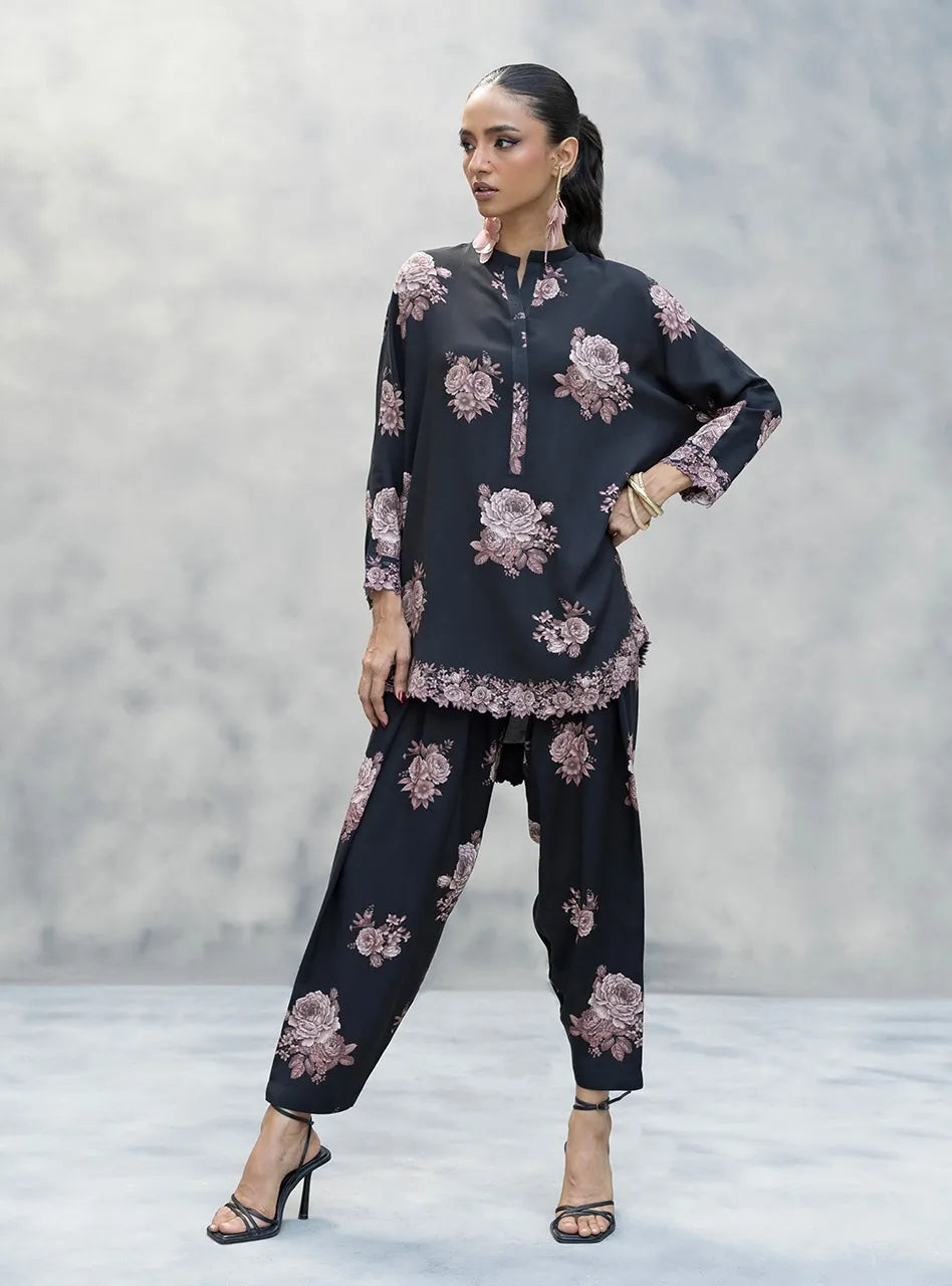 Black Floral Lawn Kurta Set with Trouser
