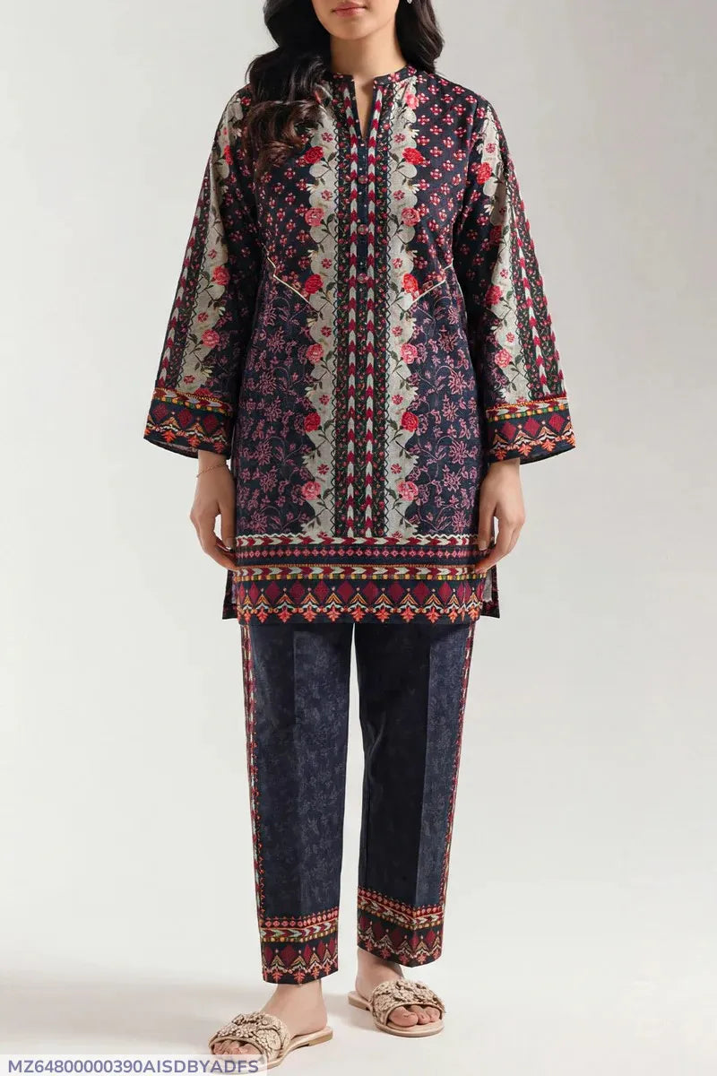 Lawn Printed Ban Collar Shirt & Trouser Set Black