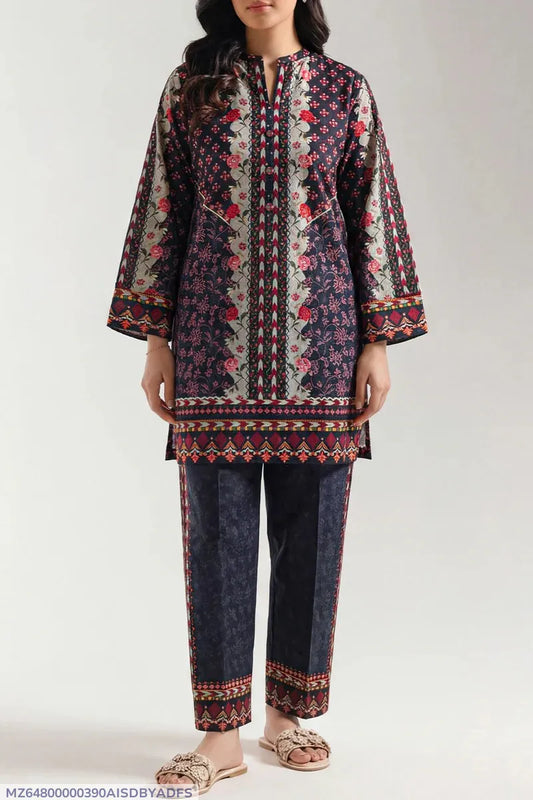 Lawn Printed Ban Collar Shirt & Trouser Set Black