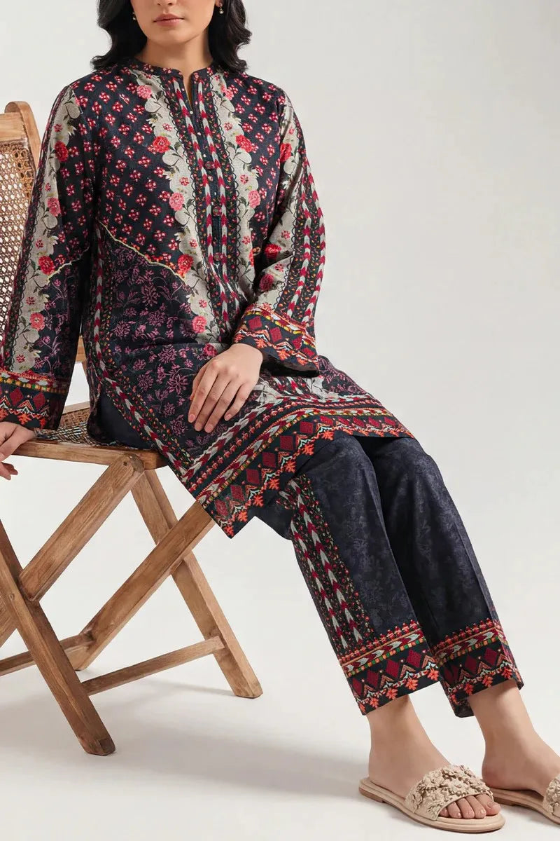 Lawn Printed Ban Collar Shirt & Trouser Set Black