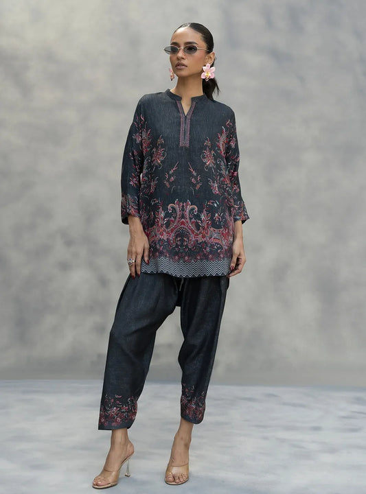 Multicolor Ban Collar Lawn Shirt & Trouser Set