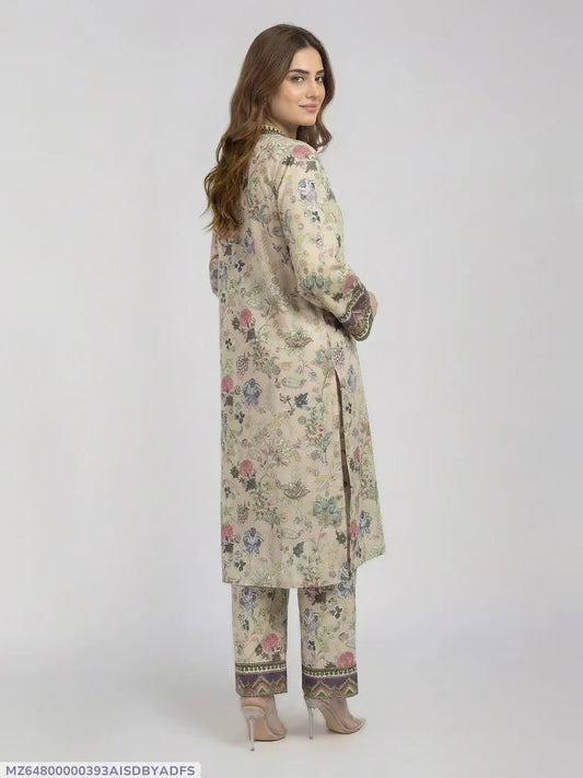 Beige Floral Lawn 2-Piece Kurta Set