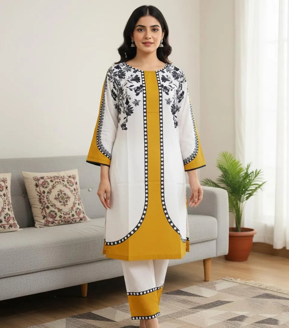 Mustard Printed Grip Silk 2Pcs Kurta Set