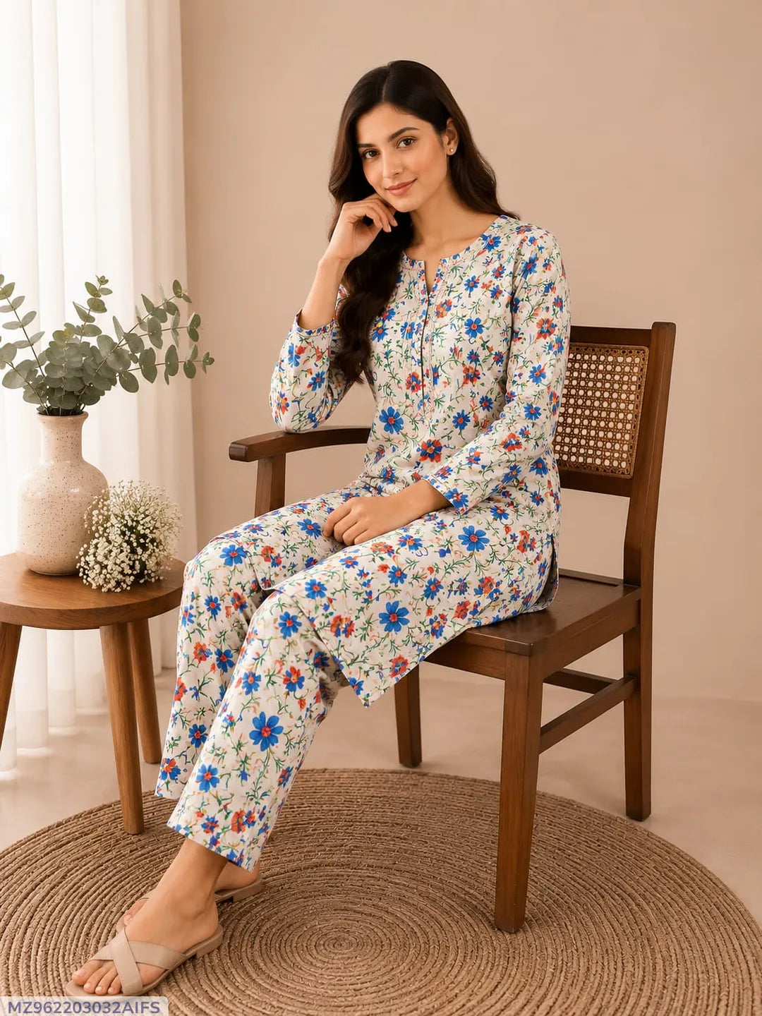 Women Printed Floral Pajama Set White 2Pcs Polo Cotton