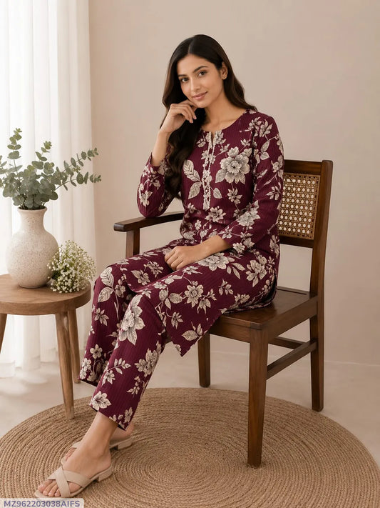 Maroon Printed 2-Piece Polo Cotton Suit for Women