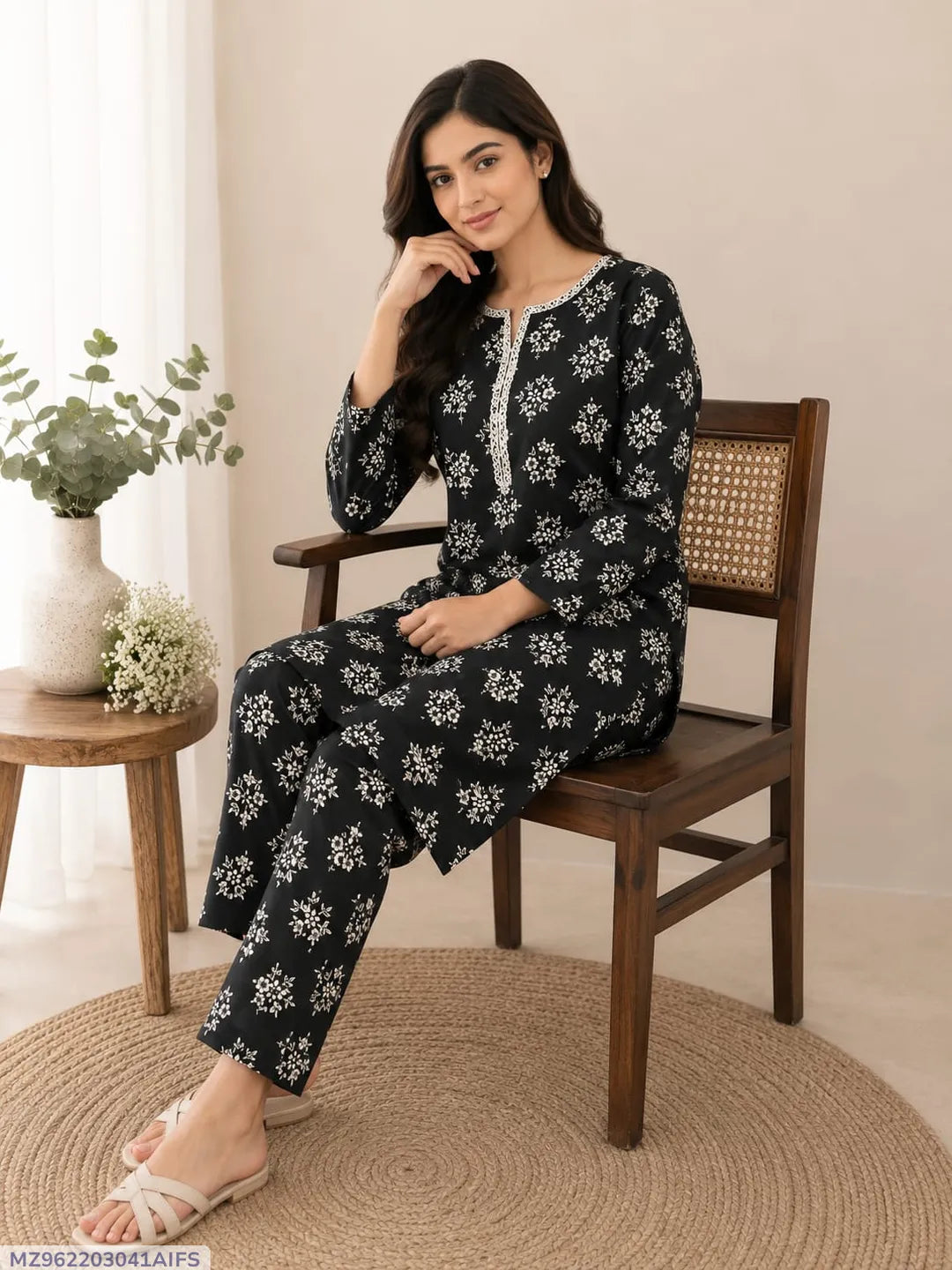 Black Printed 2-Piece Polo Cotton Suit for Women