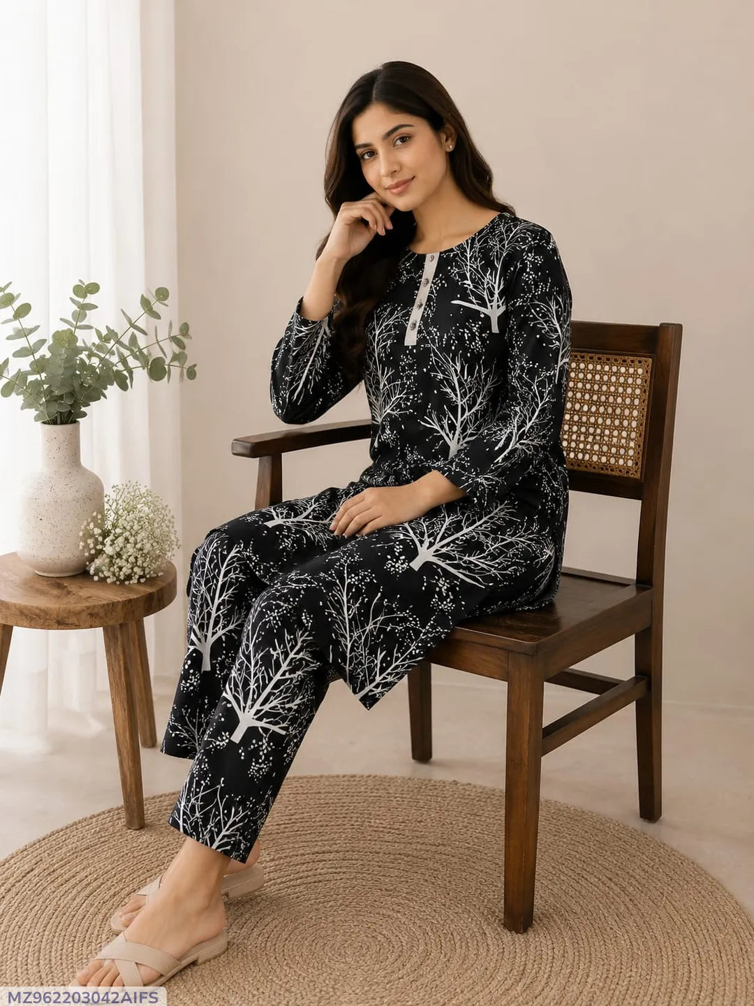 Black Printed 2-Piece Polo Cotton Pajama Set for Women