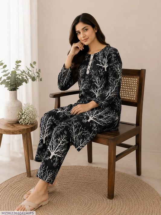 Black Printed 2-Piece Polo Cotton Pajama Set for Women