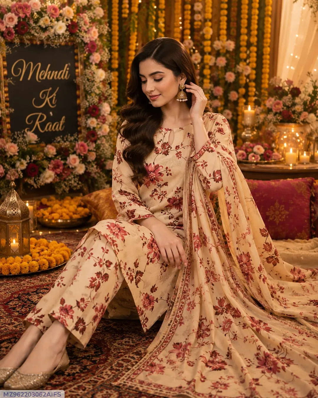 Brown Printed Lawn 3Pcs Women Suit Set