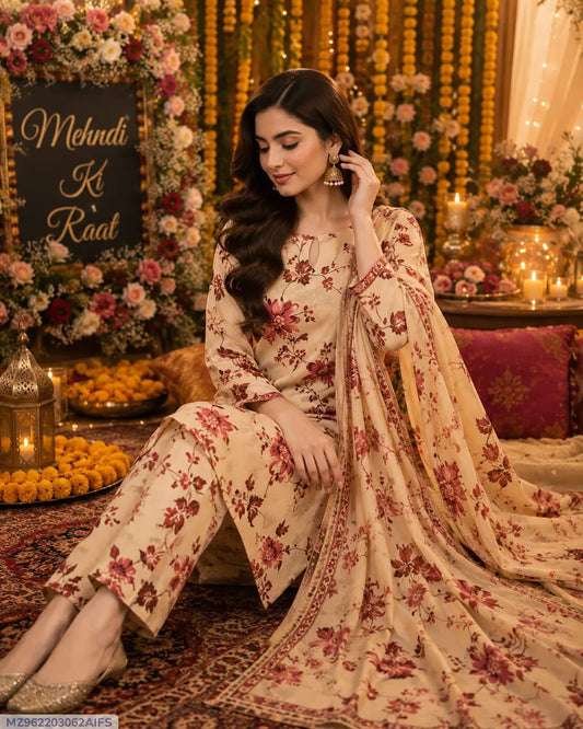 Brown Printed Lawn 3Pcs Women Suit Set
